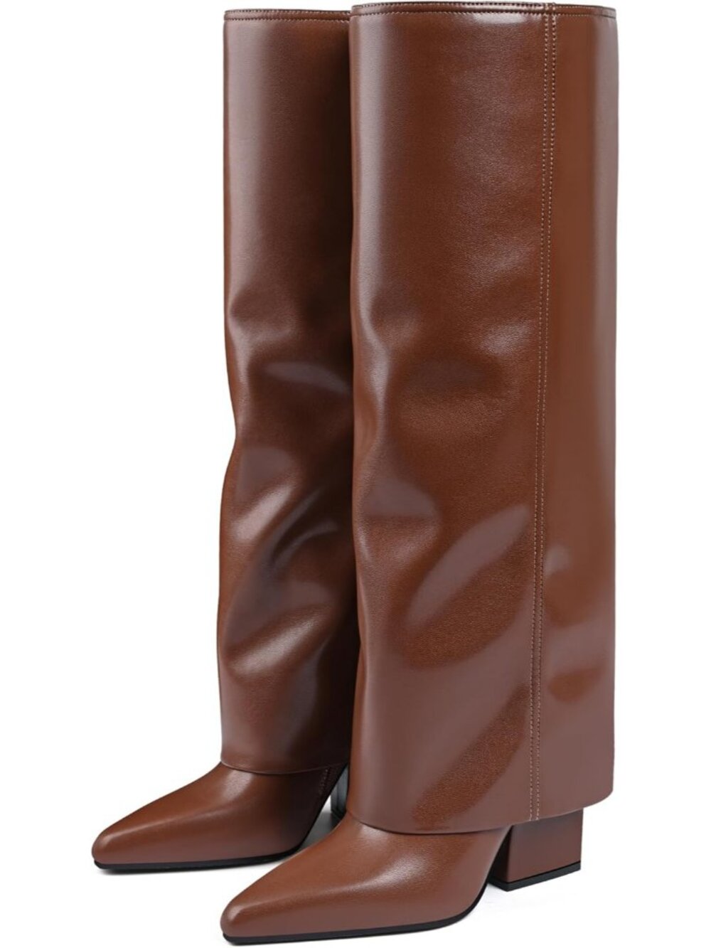 Women's Brown Block Low Heels Knee High Fold Over Pointed Toe Shark Tall Boots